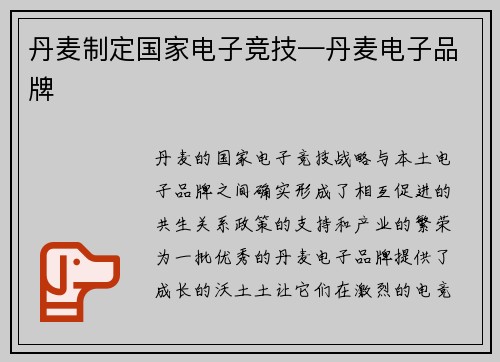 丹麦制定国家电子竞技—丹麦电子品牌