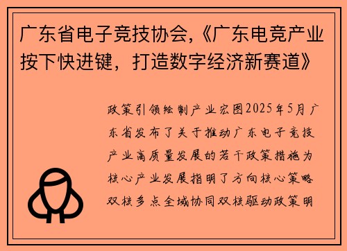 广东省电子竞技协会,《广东电竞产业按下快进键，打造数字经济新赛道》